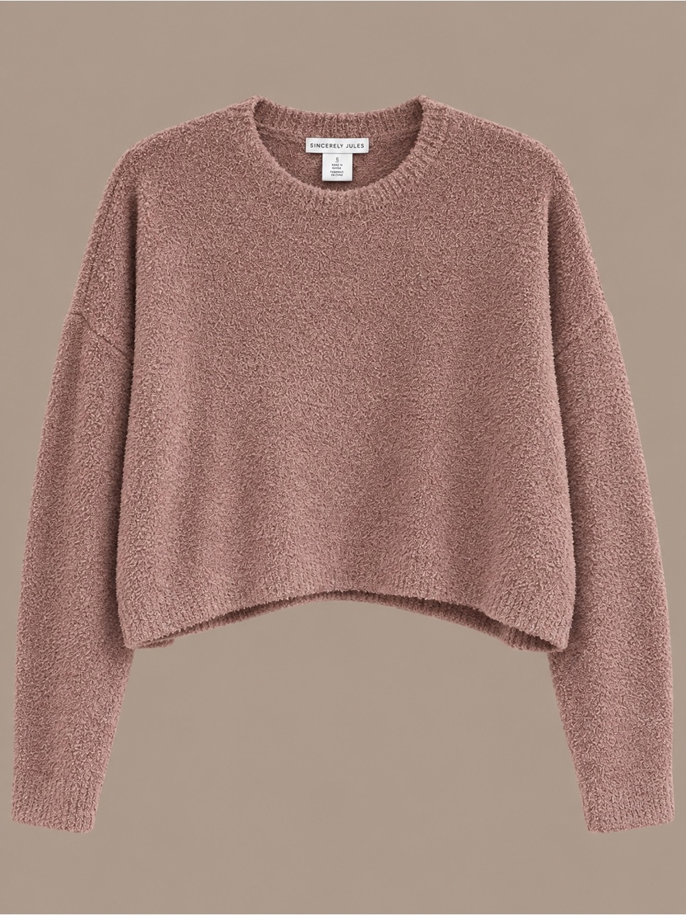 Sincerly Jules Cropped Bouclé Crewneck Sweater - Dusty Rose